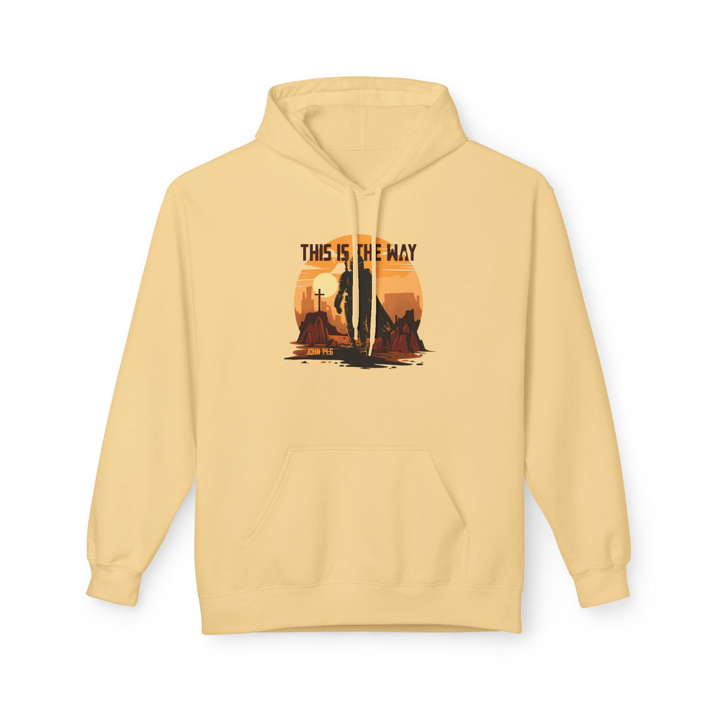 Beige hoodie with a graphic design on the chest against a white background