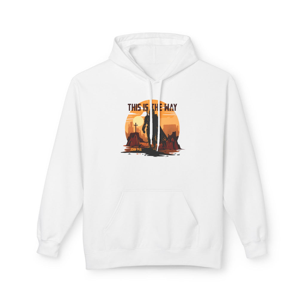 White hoodie with a graphic design on a white background