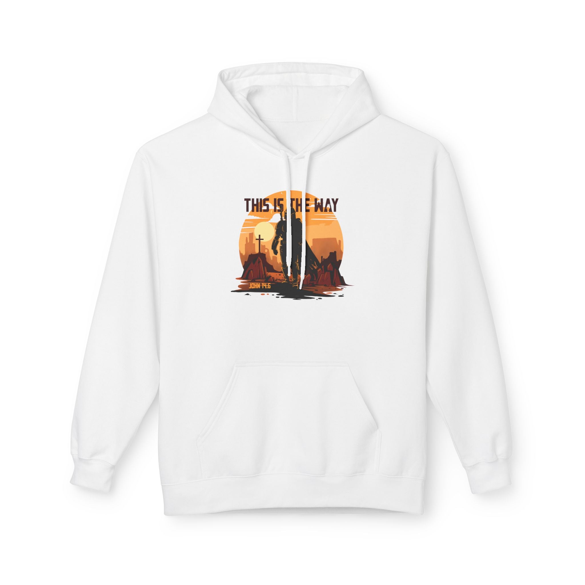 White hoodie with a graphic design on a white background