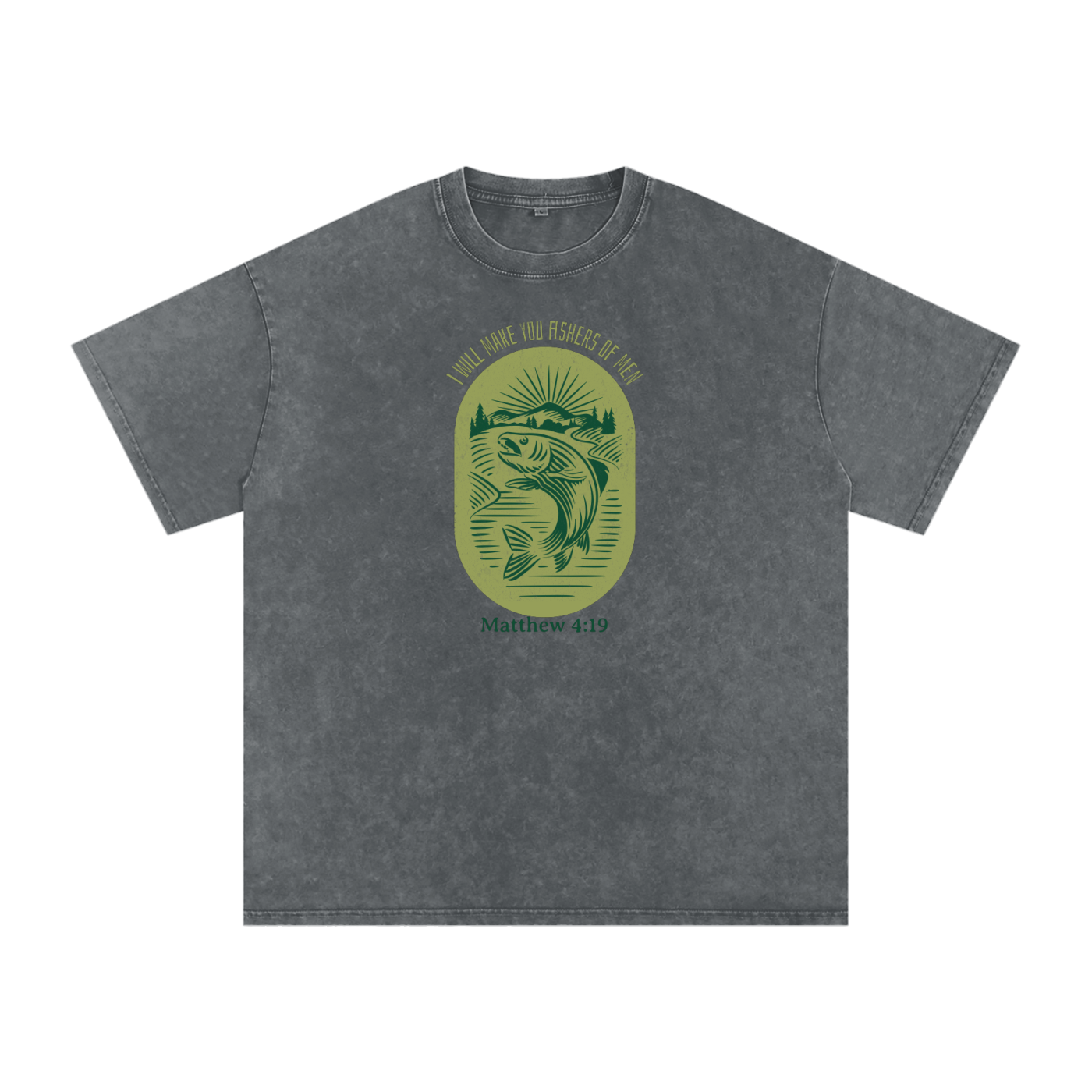 Fishers Of Men Vintage Style Badge | Christian Faith Inspired Snow Washed Oversized Cotton T-Shirt