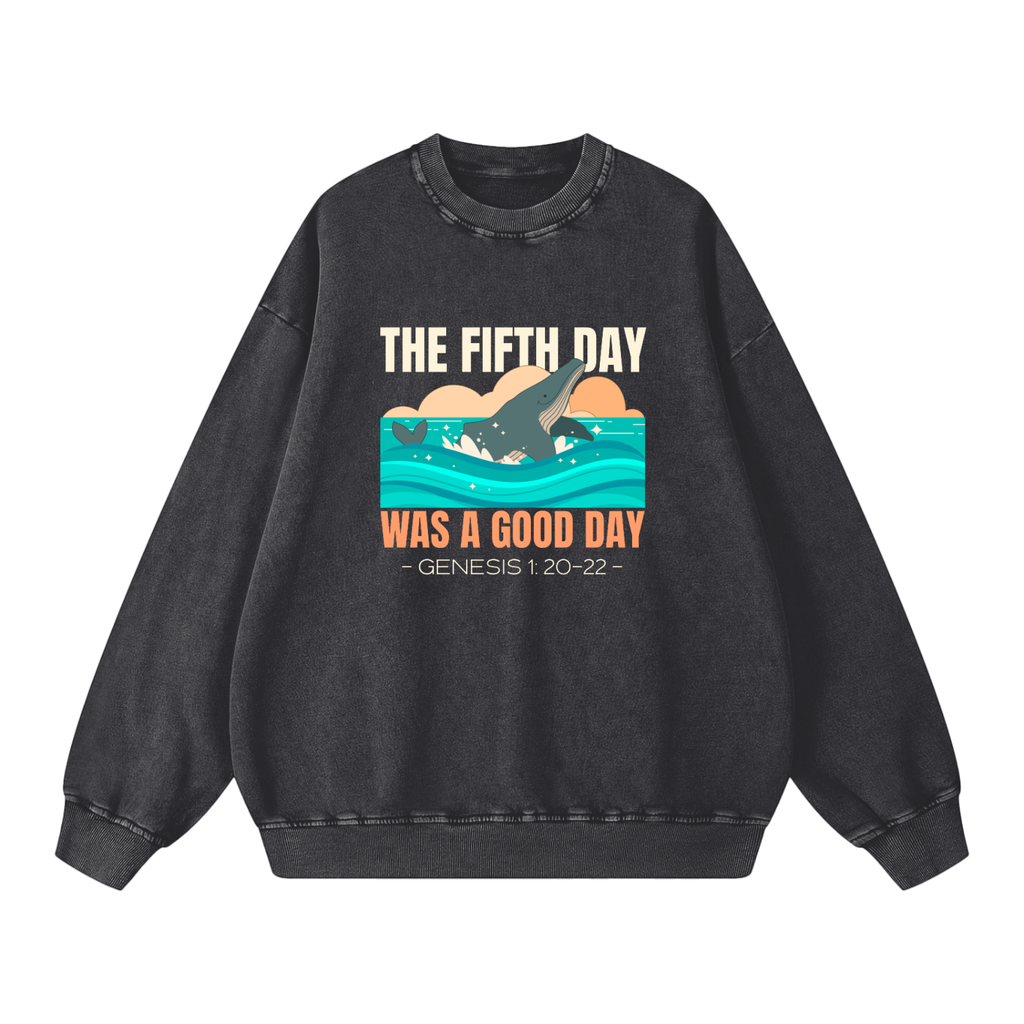Day Five Genesis Graphic | Christian Faith Inspired Snow Washed Oversized Sweatshirt