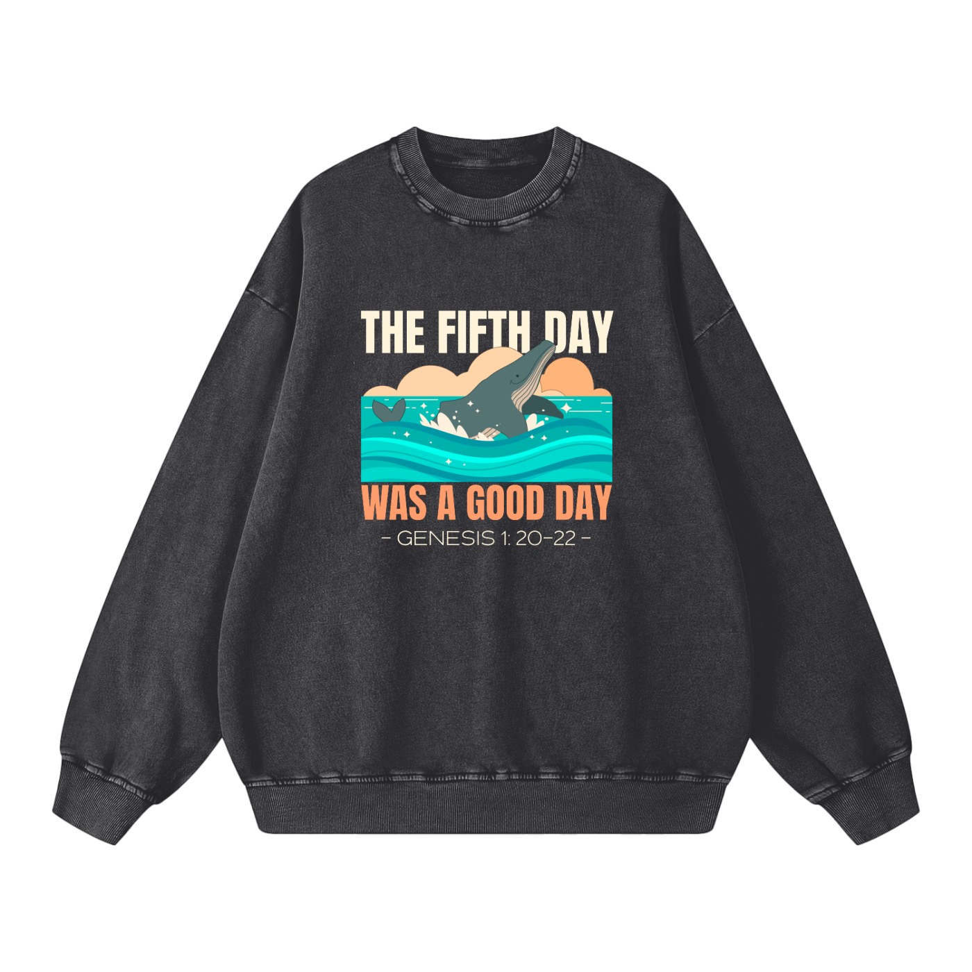 Day Five Genesis Graphic | Christian Faith Inspired Snow Washed Oversized Sweatshirt
