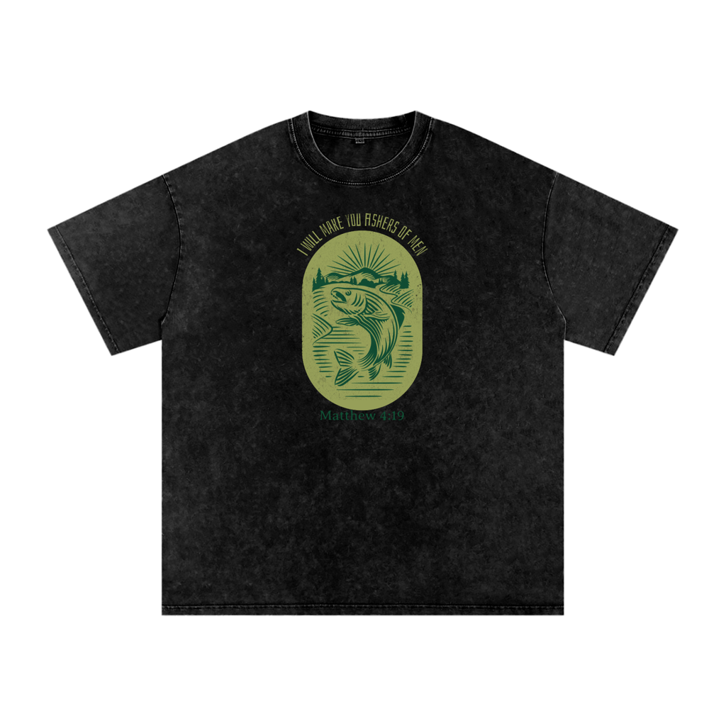 Fishers Of Men Vintage Style Badge | Christian Faith Inspired Snow Washed Oversized Cotton T-Shirt