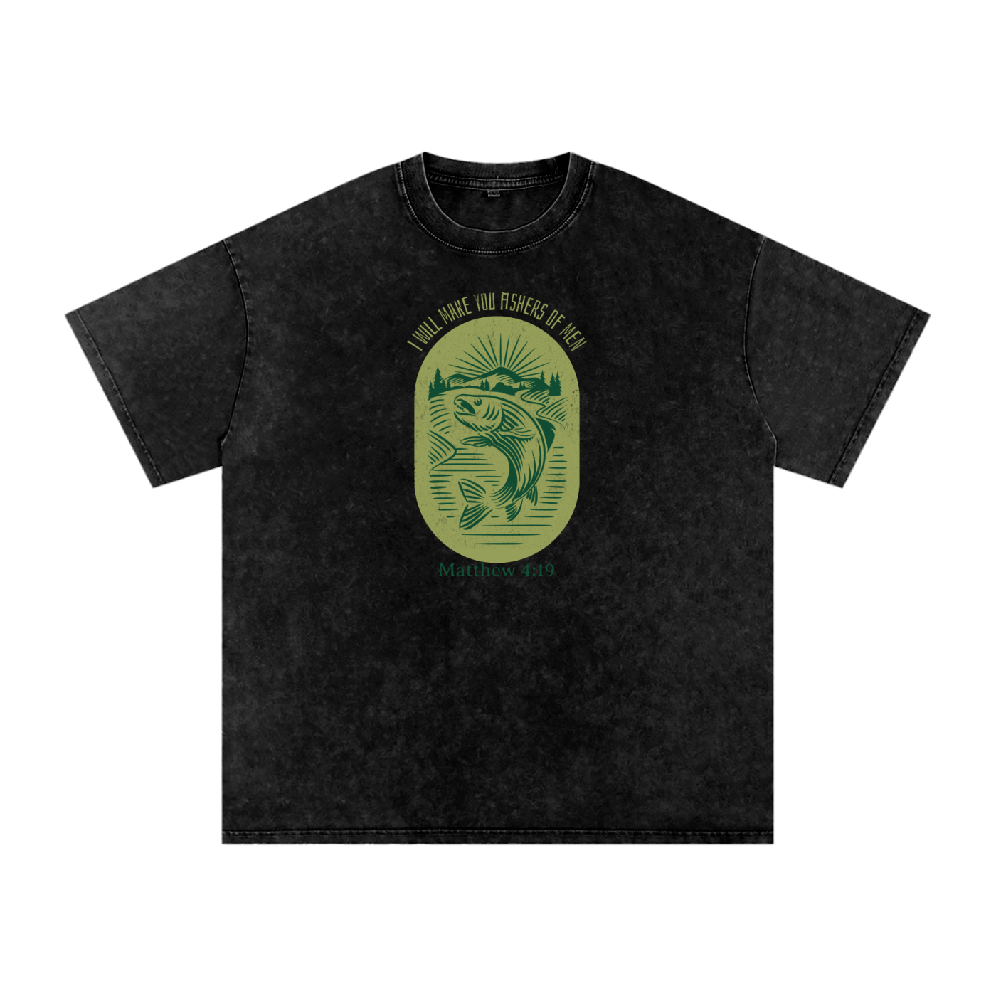 Fishers Of Men Vintage Style Badge | Christian Faith Inspired Snow Washed Oversized Cotton T-Shirt