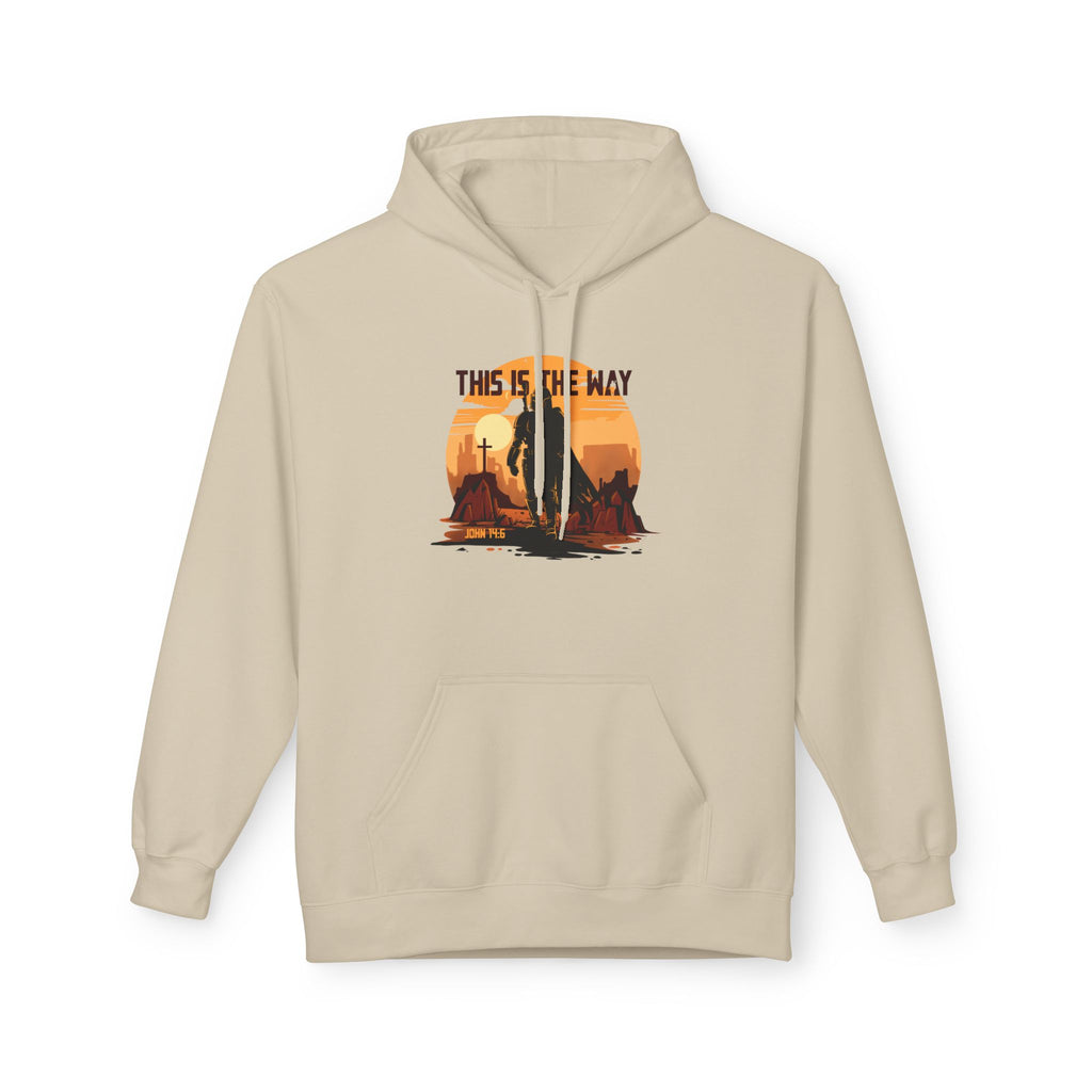 Beige hoodie with a graphic design on a white background