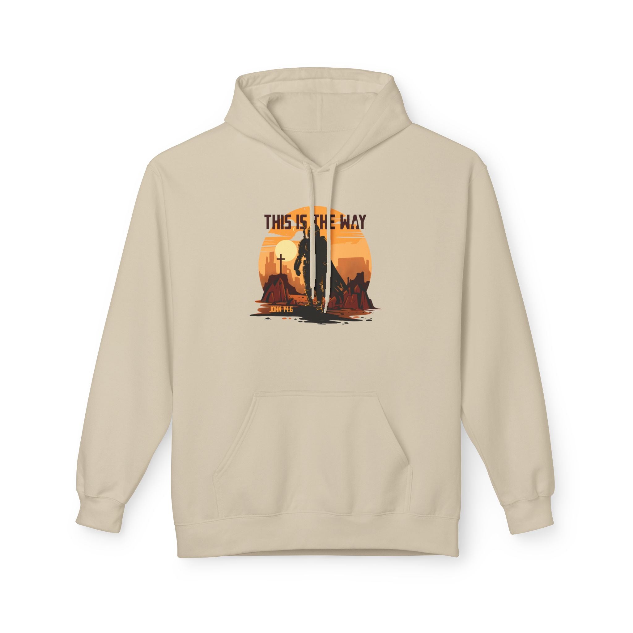 Beige hoodie with a graphic design on a white background
