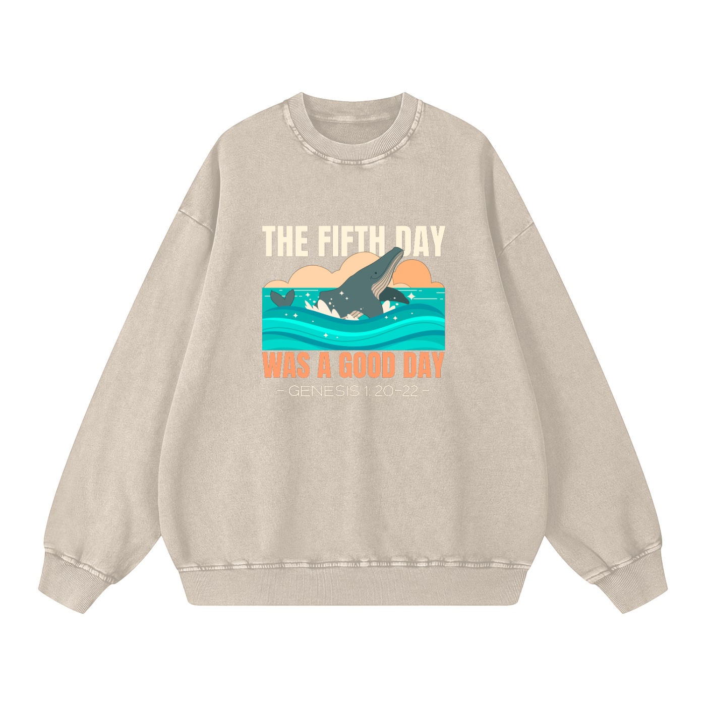 Day Five Genesis Graphic | Christian Faith Inspired Snow Washed Oversized Sweatshirt