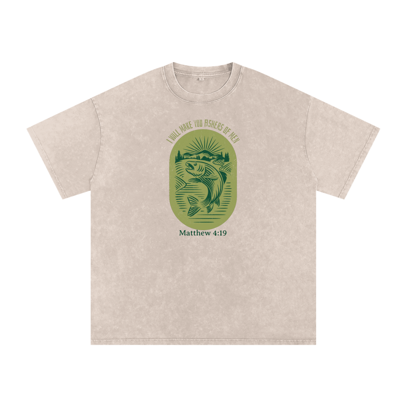 Fishers Of Men Vintage Style Badge | Christian Faith Inspired Snow Washed Oversized Cotton T-Shirt