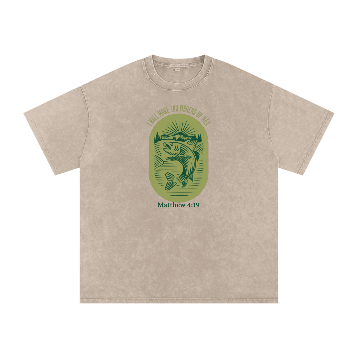 Fishers Of Men Vintage Style Badge | Christian Faith Inspired Snow Washed Oversized Cotton T-Shirt
