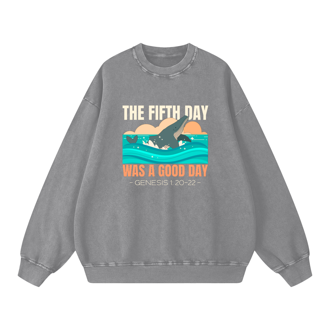 Day Five Genesis Graphic | Christian Faith Inspired Snow Washed Oversized Sweatshirt