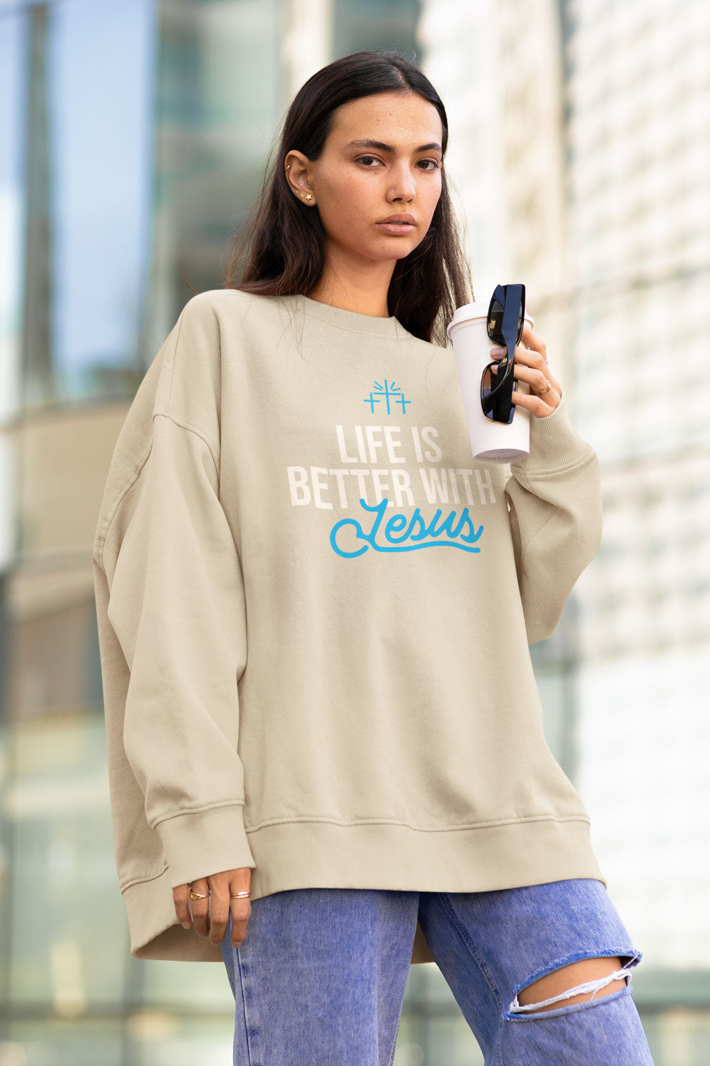 Life Is Better with Jesus | Christian Faith Inspired Snow Washed Oversized Sweatshirt