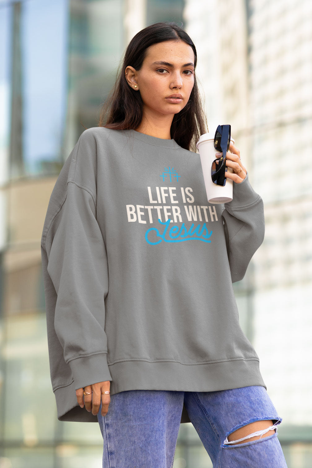 Life Is Better with Jesus | Christian Faith Inspired Snow Washed Oversized Sweatshirt