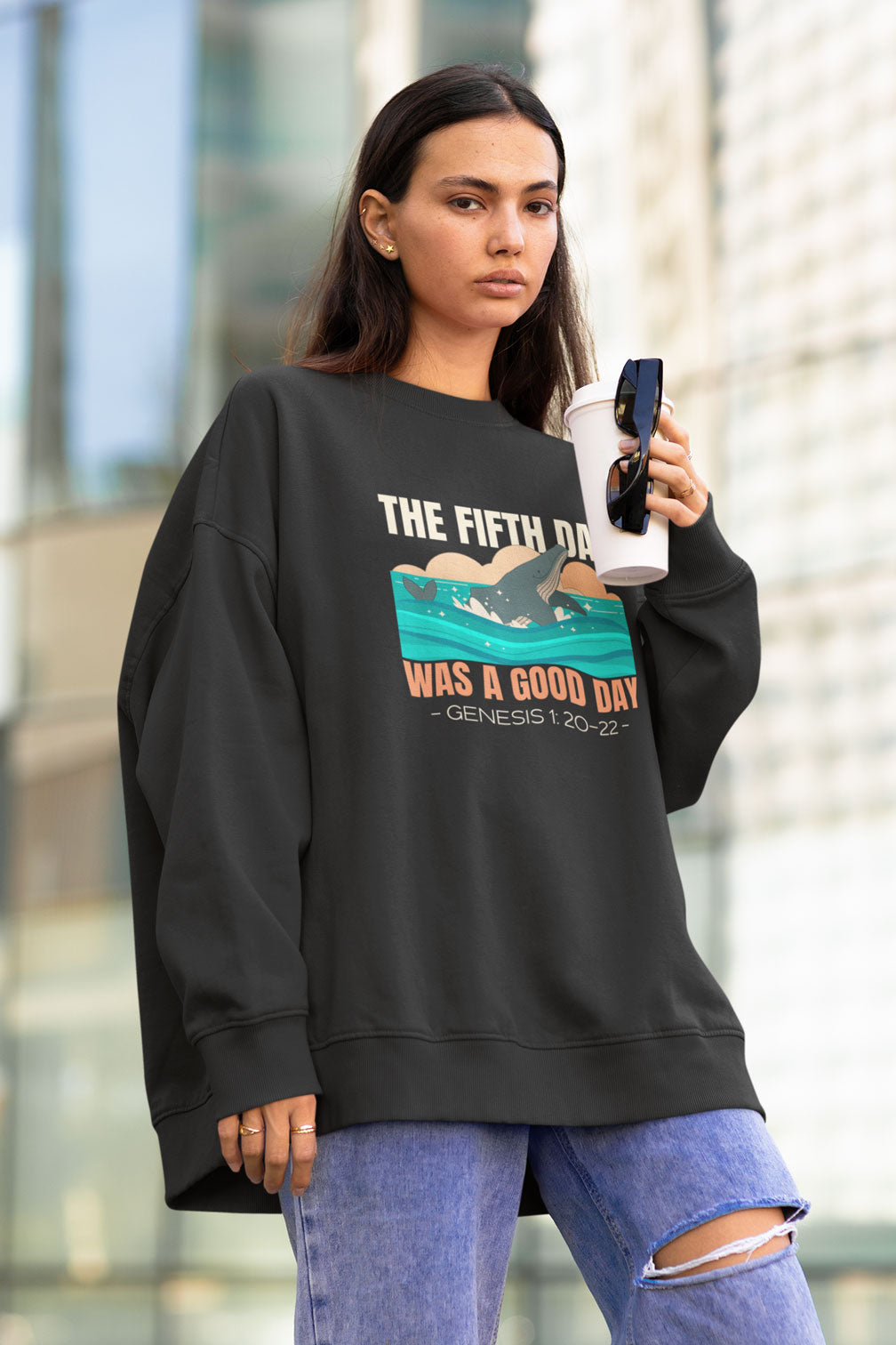 Day Five Genesis Graphic | Christian Faith Inspired Snow Washed Oversized Sweatshirt