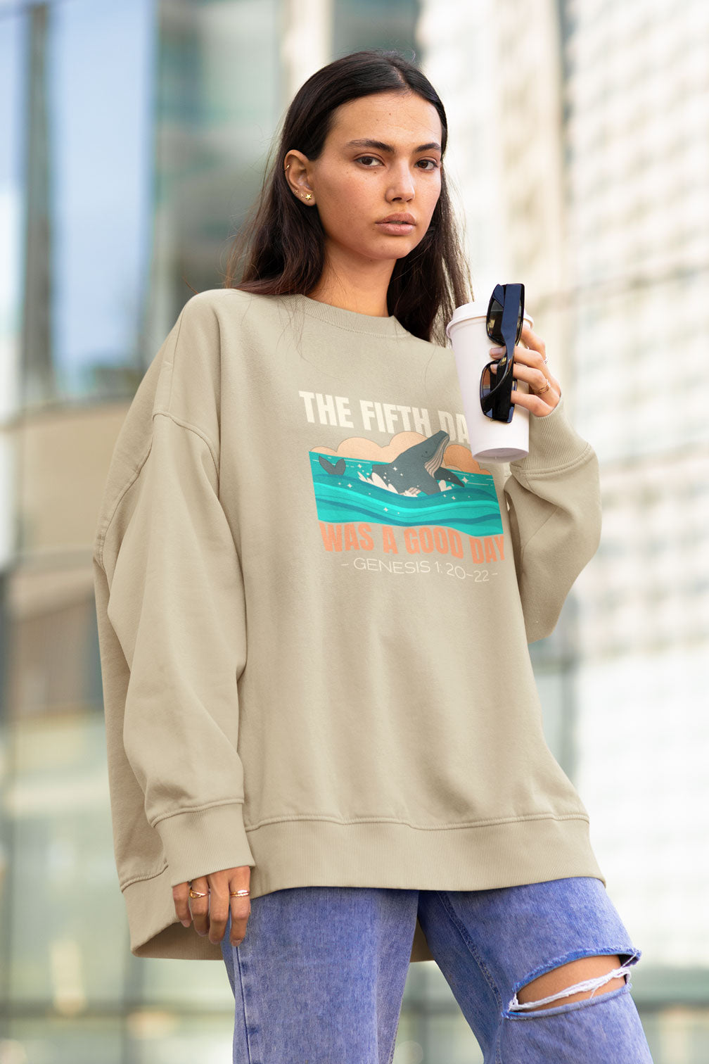Day Five Genesis Graphic | Christian Faith Inspired Snow Washed Oversized Sweatshirt
