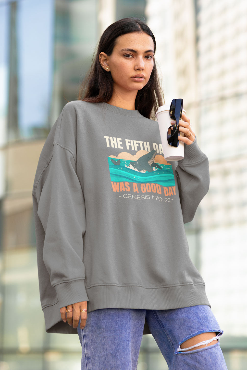 Day Five Genesis Graphic | Christian Faith Inspired Snow Washed Oversized Sweatshirt