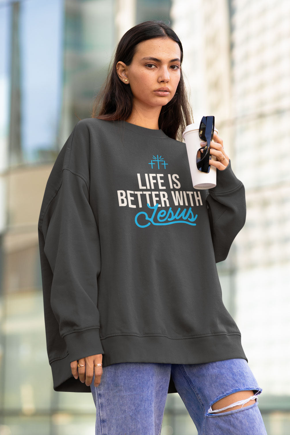 Life Is Better with Jesus | Christian Faith Inspired Snow Washed Oversized Sweatshirt